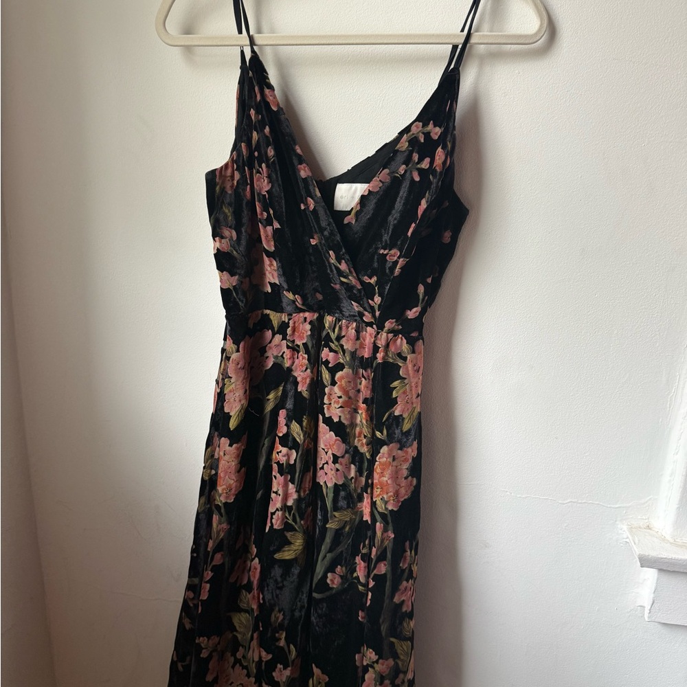 Black Floral Midi Slip Dress with Pink Blooms